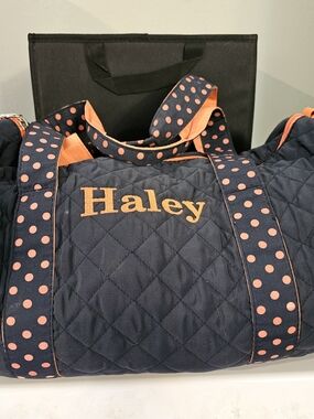 Personalized Navy and Coral Quilted Weekender Bag - Haley